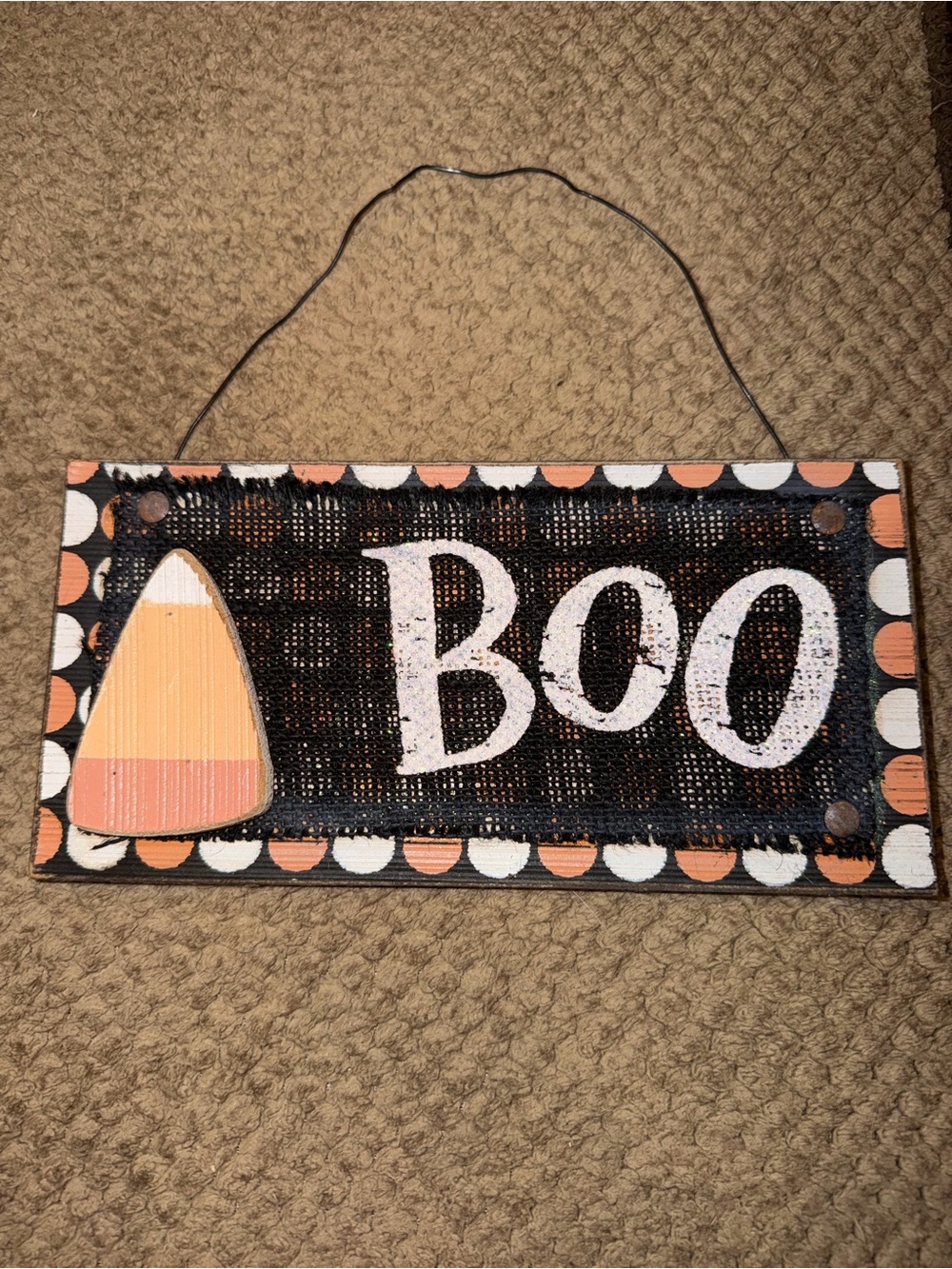 Halloween 'Boo' Hanging Wooden Plaque with Candy Corn Accent - Black and Orange